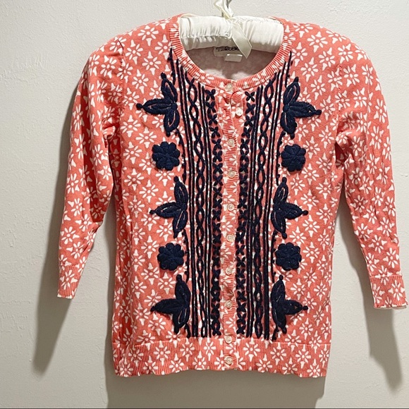 ANTHROPOLOGIE TABITHA Women’s Coral Blue Embroidered SAHALIE Cardigan Size Small